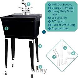 Heavy-Duty Black Utility Sink Versatile Pull Out Chrome Faucet Drainage