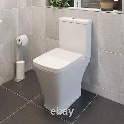 Square Toilet Close Coupled With Soft Close Seat Modern White Gloss Button Flush