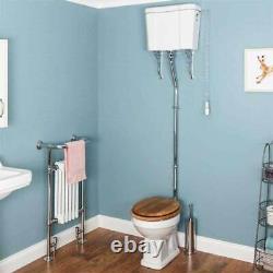 Traditional Bathroom Toilet Pan Cistern High Level Gloss Oak Seat Ceramic Flush